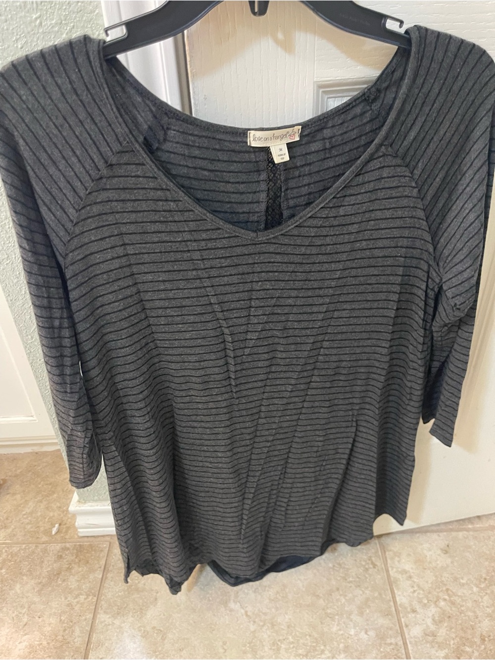 love on a hanger Charcoal Gray Striped Long Sleeve Tee new